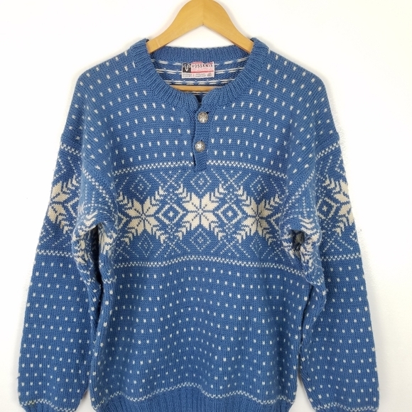 Vintage Voss Knit Norway Virgin Wool Chunky Knit Blue White Snowflake Sweater - Picture 3 of 9